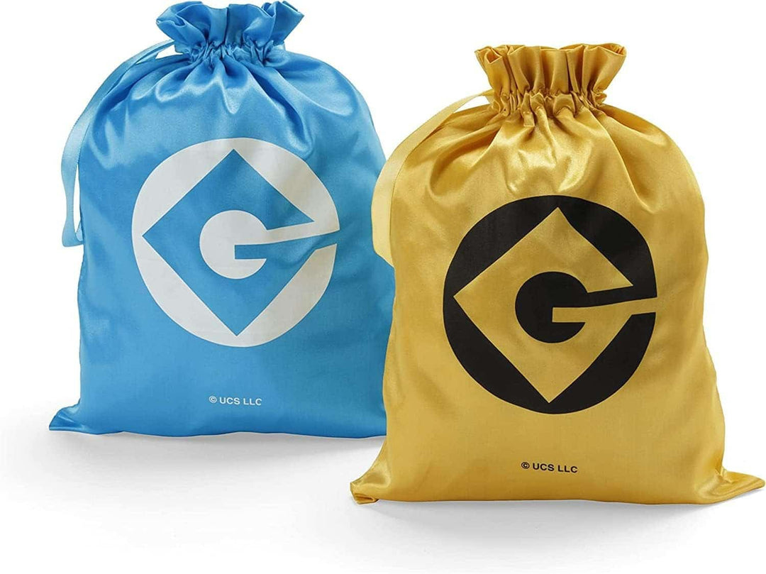 Minions Medieval Mayhem Chess Set Despicable Me game bags in blue and yellow with iconic logo design.