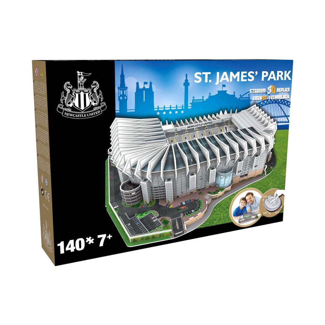 Newcastle stadium 3D puzzle packaging featuring St. James' Park design for fans and builders.