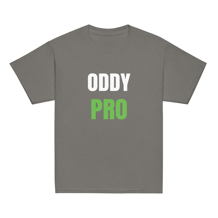 Oddy Pro Youth classic t-shirt in sport grey with white and green lettering, perfect for kids' adventures.