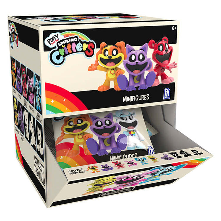 Poppy Playtime Series 4 Smiling Critters Mystery Minifigures display box with colorful characters and blind bags.