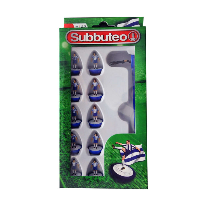 Subbuteo Blue and White Stripe Kit Players in packaging, perfect for table football enthusiasts.