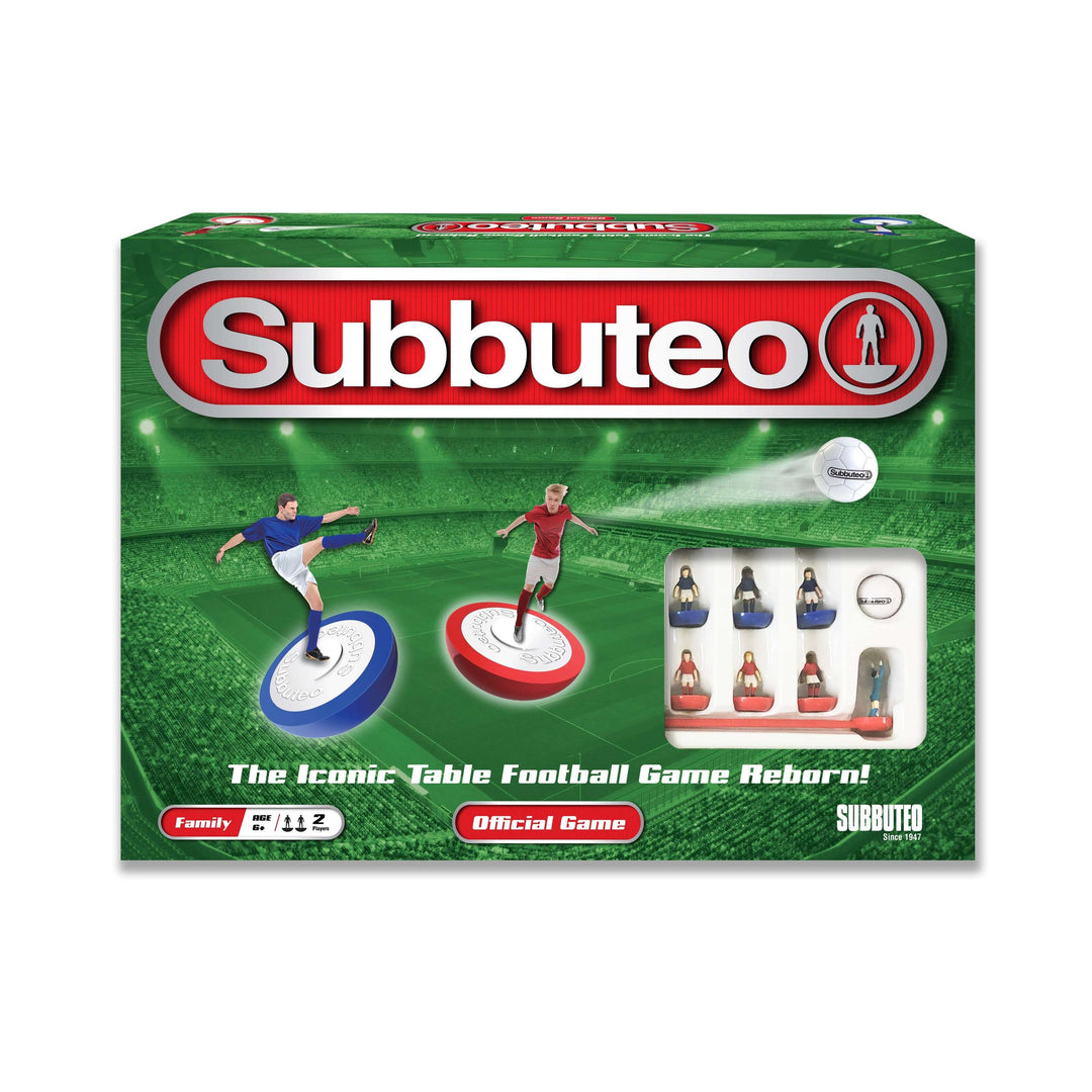 Subbuteo Main Game packaging featuring iconic players and game components on a football-themed background.