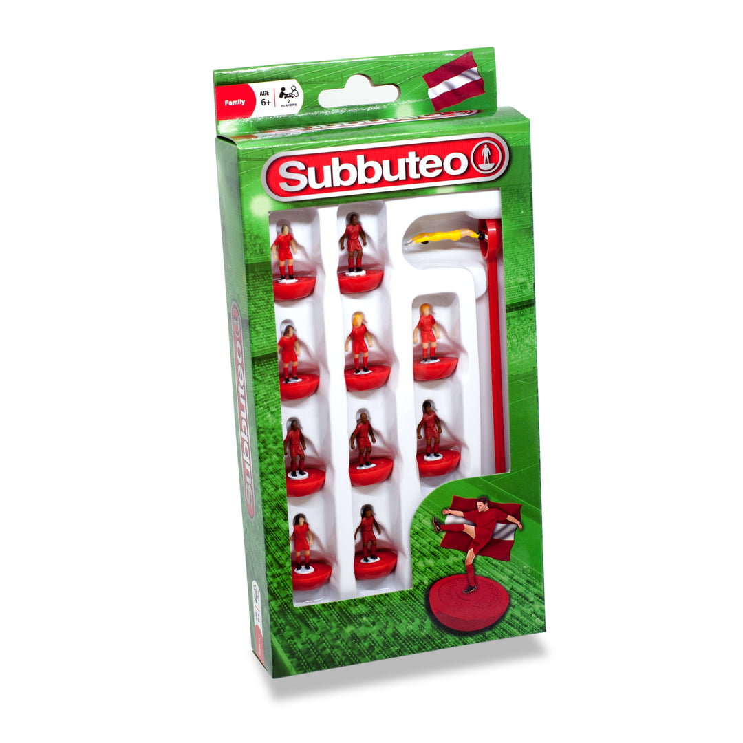 Subbuteo Red Kit Players in packaging featuring red shirt and shorts figurines for tabletop football.