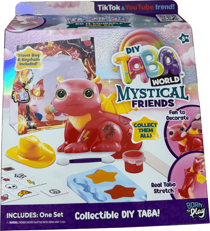 Taba World Make & Display Mystical Friends keyring craft set with dragon figure, travel bag, and DIY accessories.