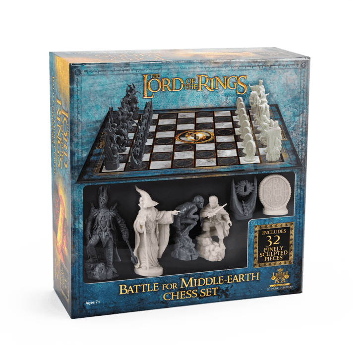The Lord of the Rings - Battle For Middle Earth Chess Set packaging with chess pieces and board displayed.