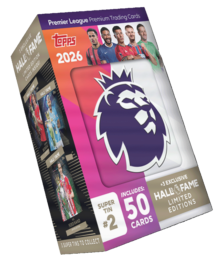 Premier League 2026 Super Tin by Topps, featuring 50 cards and Hall of Fame limited editions.