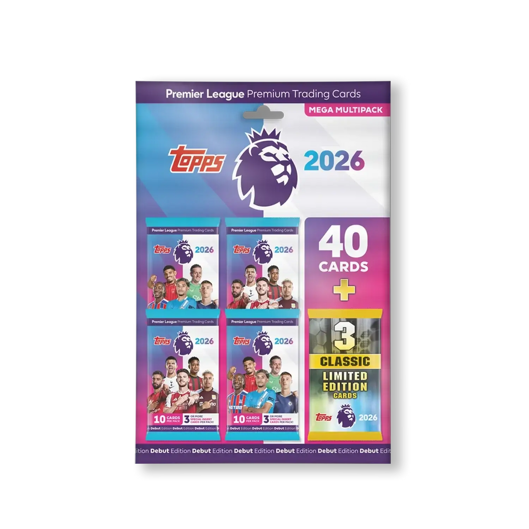 Topps Premier League 2026 Mega Multipack featuring 40 trading cards and 3 classic limited edition cards.