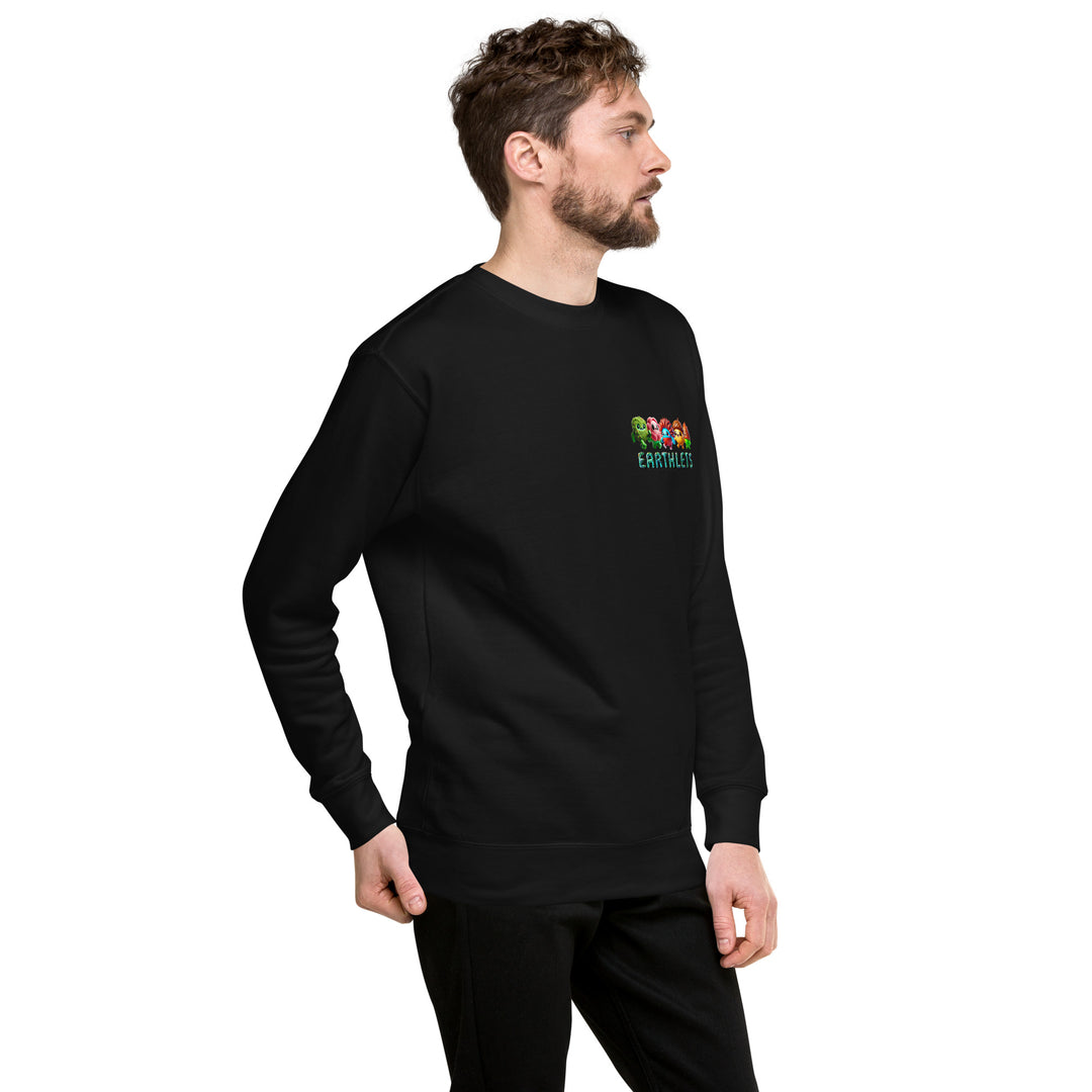 Earthlets Unisex Premium Sweatshirt showcased in a black color on a model, highlighting streetwear style and comfort.