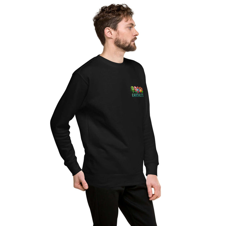 Earthlets Unisex Premium Sweatshirt showcased in a black color on a model, highlighting streetwear style and comfort.