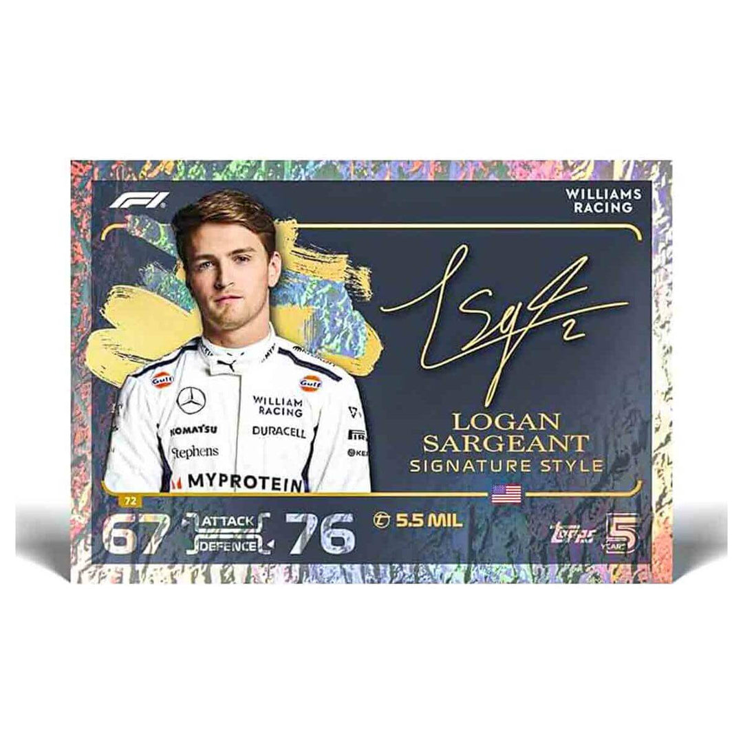 Logan Sargeant Williams Racing card from Turbo Attax Formula 1 2024 trading card game featuring signature style.