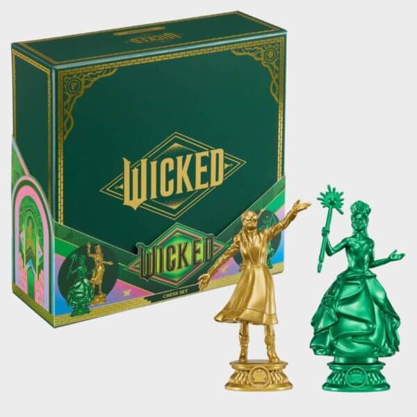 Wicked Chess Set featuring Elphaba and Glinda pieces in a decorative box.