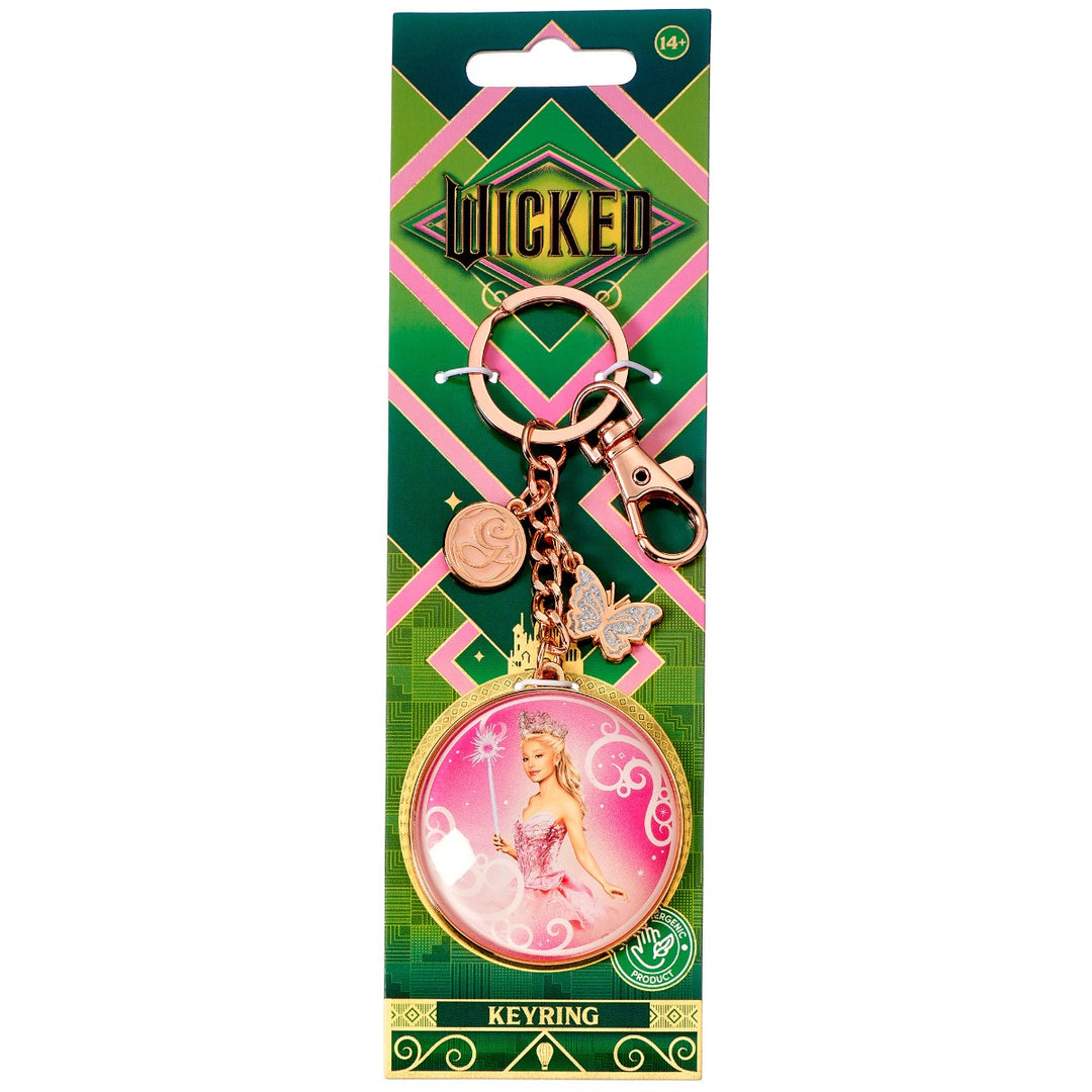 Glinda bubble keyring with rose gold tone charms and glittering details for fans of Wicked.
