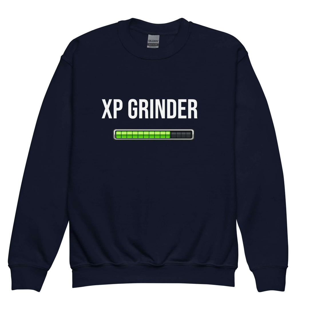 XP Grinder Youth crewneck sweatshirt in navy with graphic progress bar design.