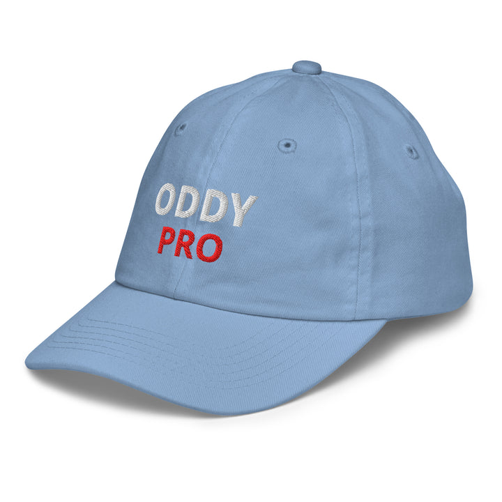 Oddy Pro Youth baseball cap in light blue with embroidered logo, designed for comfort and style.