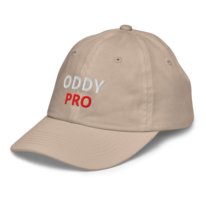 Oddy Pro Youth baseball cap in beige color with embroidered logo, ideal for baseball training and casual wear.