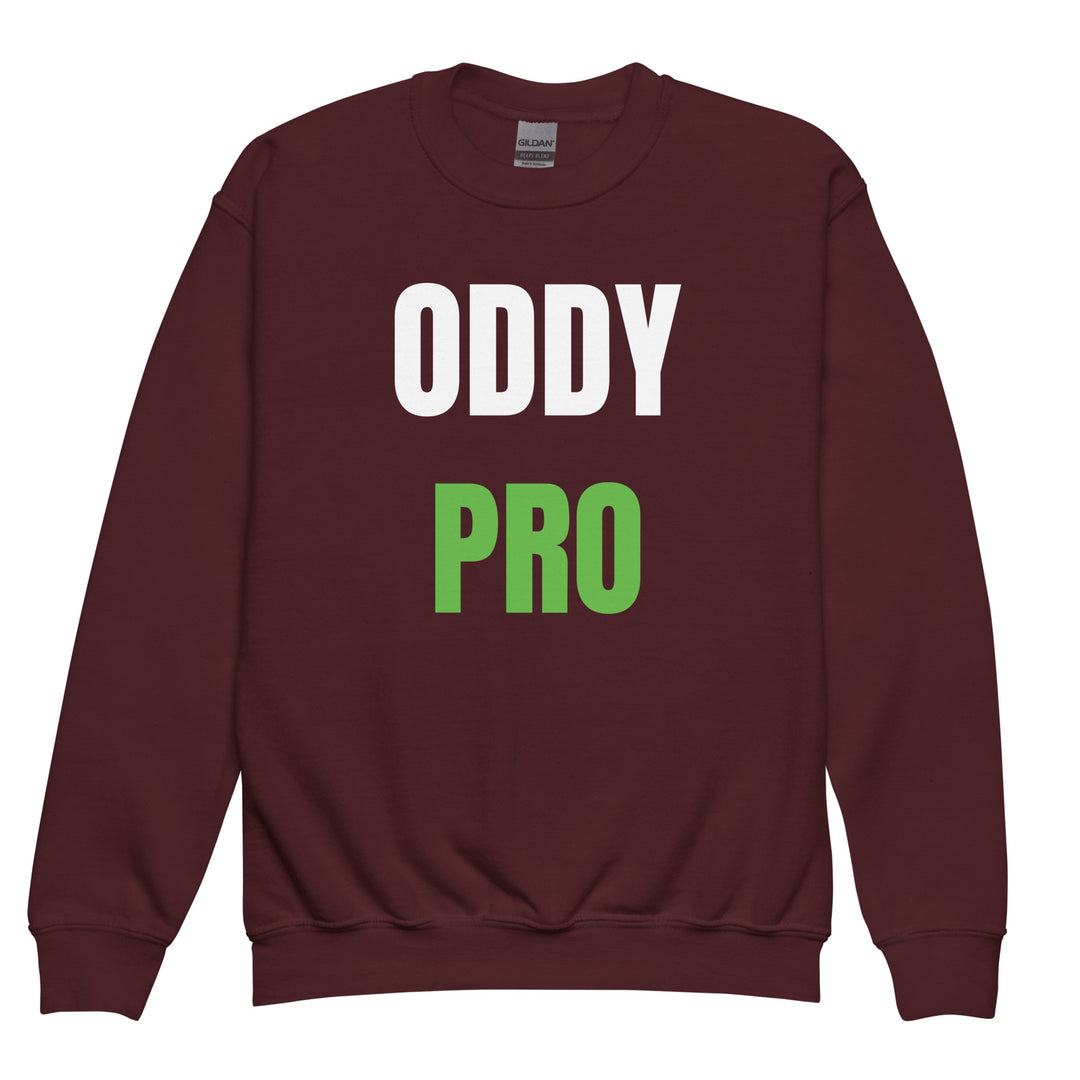 Oddy Pro Youth crewneck sweatshirt in maroon with bold white and green lettering.