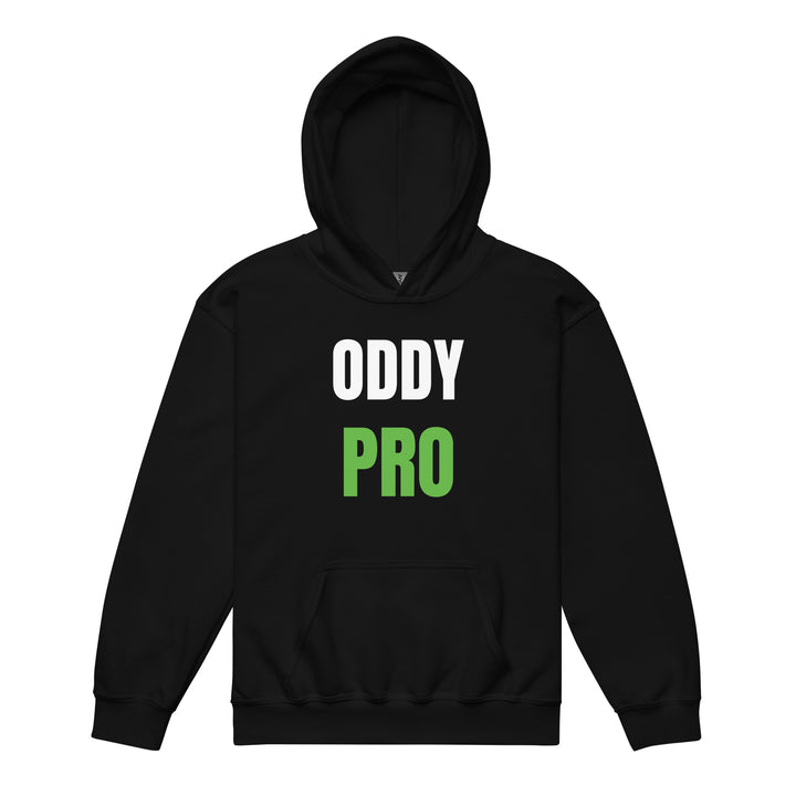 Oddy Pro Youth heavy blend hoodie in black featuring the text Oddy Pro in white and green on the front.