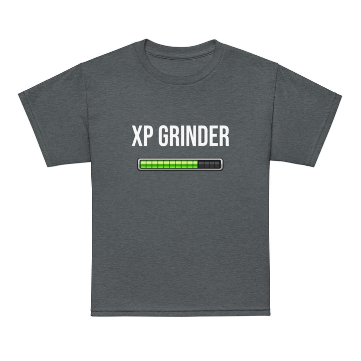 XP Grinder Youth t-shirt featuring a progress bar graphic in vibrant green on a dark gray background.