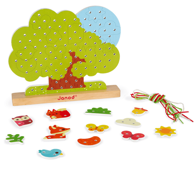 Wooden lace-up tree with animal and decoration pieces by Janod, includes laces for motor skill and hand-eye coordination development.